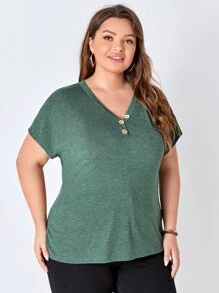 EMERY ROSE Camiseta de manga murciélago con diseño de botón - Verde Oscuro - Ver 5