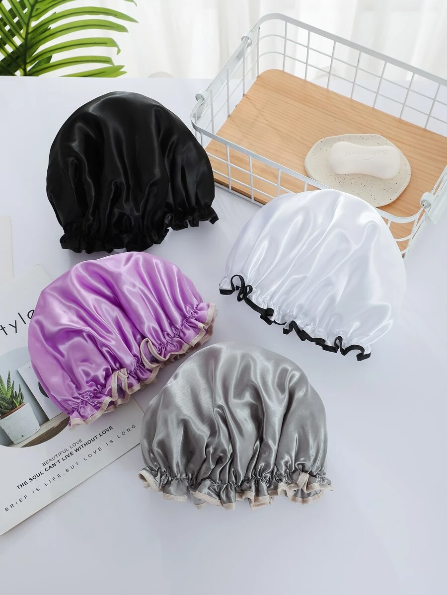 1pc Plain Double Layer Shower Cap - Grey - View 1