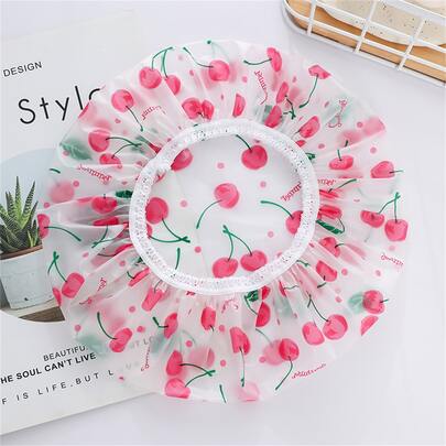 1pc Reusable PEVA Shower Cap, Cherry Print Elastic Waterproof High Multifunctional Bathing Caps For Bathroom Home Bathroom Decor Fall Decor Back To School