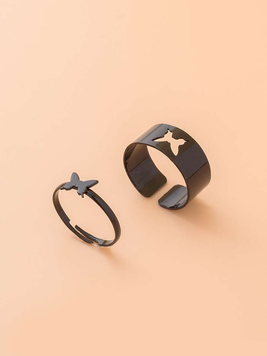 2入組蝴蝶裝飾戒指 - 黑色 - 查看 1