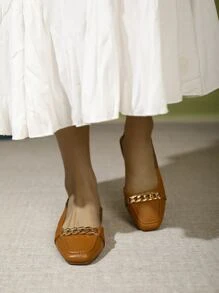 Chain Decor Square Toe Slingback Flats - Brown - View 3