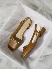 Chain Decor Square Toe Slingback Flats - Brown - View 4