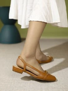 Chain Decor Square Toe Slingback Flats - Brown - View 5