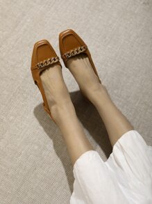 Chain Decor Square Toe Slingback Flats - Brown - View 6