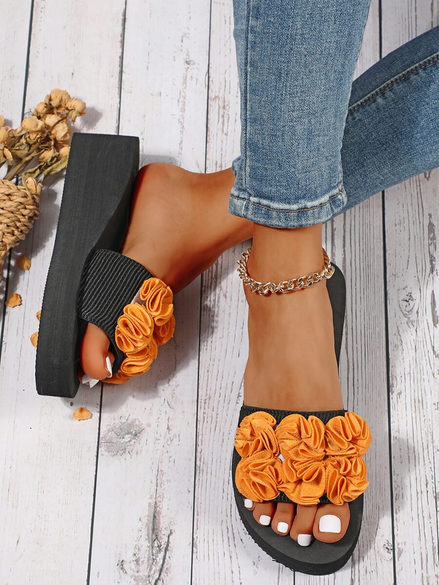 女士夏季坡跟拖鞋，女士花卉高跟拖鞋 - 黃色 - 查看 1