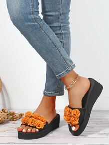 女士夏季坡跟拖鞋，女士花卉高跟拖鞋 - 黃色 - 查看 6