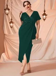 Modelyn Plus Surplice Neck Contrast Sequin Dress - Dark Green - View 1