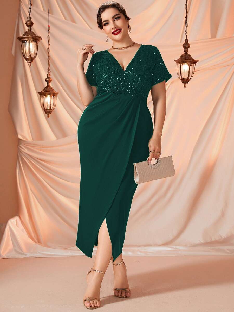 Modelyn Plus Surplice Neck Contrast Sequin Dress - Dark Green - View 1
