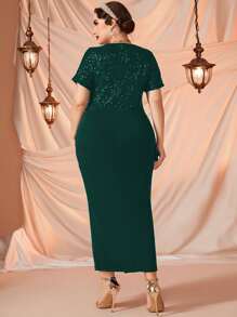 Modelyn Plus Surplice Neck Contrast Sequin Dress - Dark Green - View 2