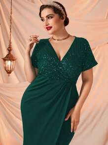 Modelyn Plus Surplice Neck Contrast Sequin Dress - Dark Green - View 6