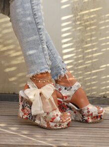 Fahionable  Bow Decor Floral Pattern Bow Decor Ankle Strap Wedge Sandals,Sandals For Women,Flat Sandals For Women Comfortable Open Toe Summer Sandals Adjustable Fashion Dress Sandals - Nhiều màu - Xem 2