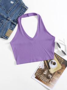 SHEIN Unity Áo hai dây Gân đan màu trơn Gợi cảm - Màu tím  Violet - Xem 1