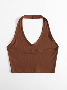 SHEIN Unity Rib-Knit Crop Halter Top - Brown - View 2
