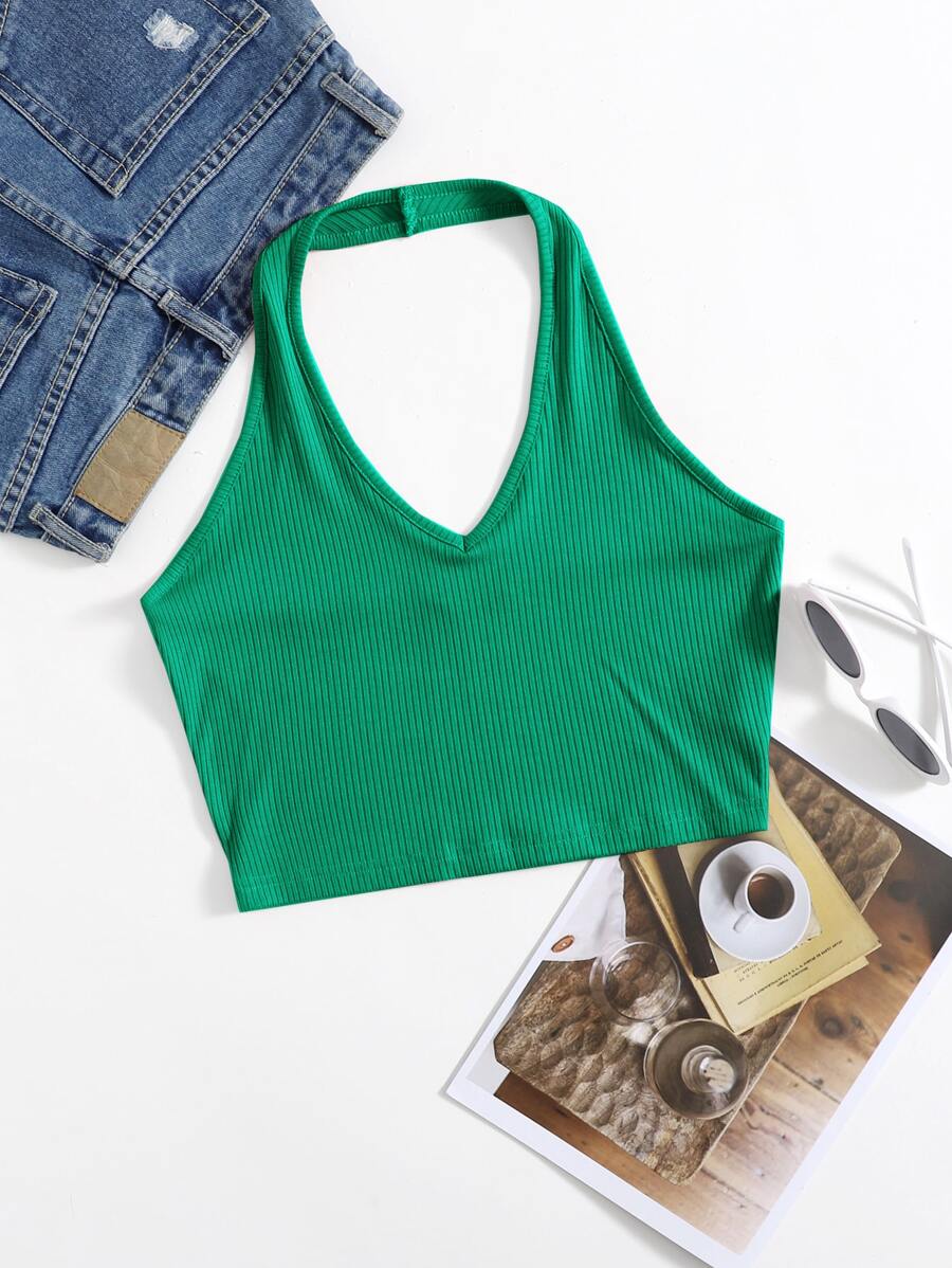 SHEIN Unity Rib-Knit Crop Halter Top - Green - View 1