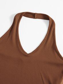 SHEIN Unity Rib-Knit Crop Halter Top - Brown - View 5