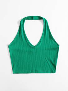 SHEIN Unity Rib-Knit Crop Halter Top - Green - View 3