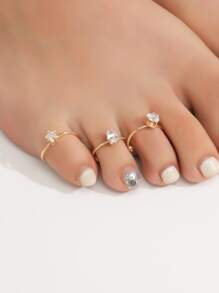 3入組方晶鋯石心和星形裝飾腳趾環 - 金黃色 - 查看 1