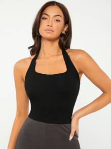 SHEIN BASICS Áo hai dây Lộ Lưng Gân đan màu trơn Giải trí - màu đen - Xem 1