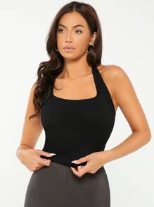 SHEIN BASICS Áo hai dây Lộ Lưng Gân đan màu trơn Giải trí - màu đen - Xem 3