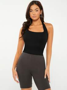 SHEIN BASICS Áo hai dây Lộ Lưng Gân đan màu trơn Giải trí - màu đen - Xem 5