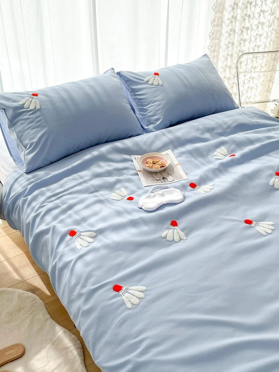 Badminton Pattern Embroidery Duvet Cover Set Without Filler - Blue - View 1