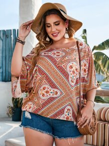 大碼花卉圖案圍巾圖案蝙蝠袖襯衫