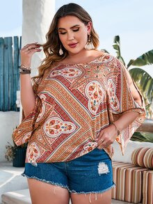 大碼花卉圖案圍巾圖案蝙蝠袖襯衫