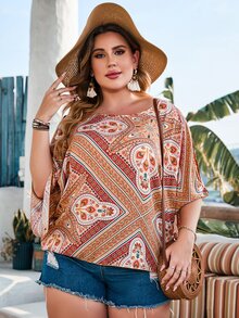 大碼花卉圖案圍巾圖案蝙蝠袖襯衫