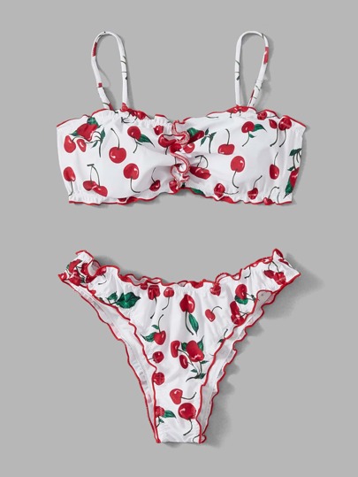 بكيني بطبعات الكرز والأهداب لشاطئ الصيف