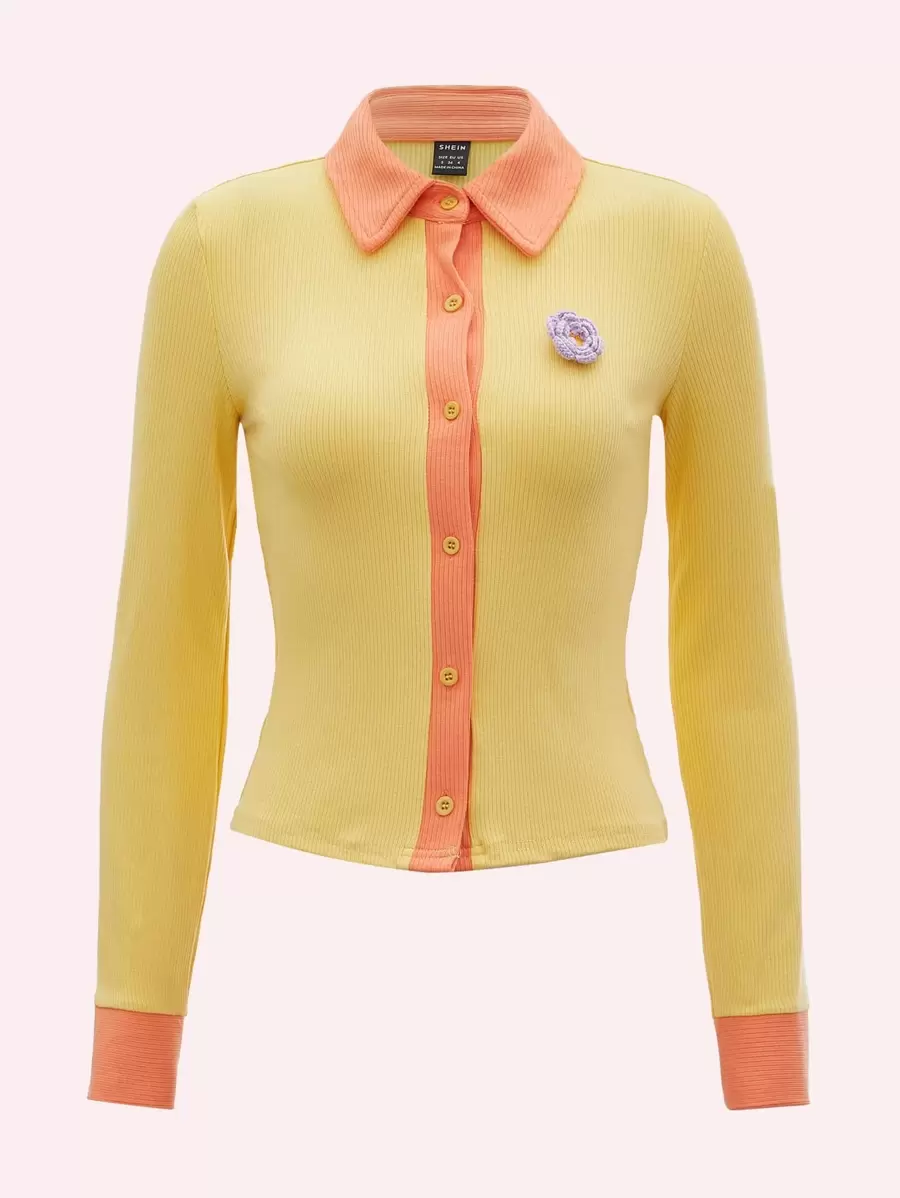SHEIN Unity Floral Patched Button Up Top - Yellow - View 1