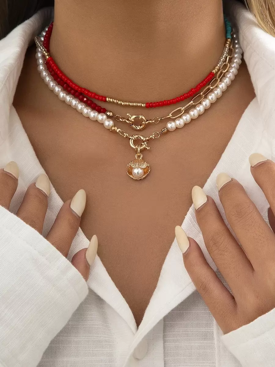 3 件裝人造珍珠裝飾貝殼吊飾項鍊