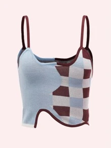 SHEIN MOD Plaid Asymmetrical Contrast Binding Crop Knit Top - Multicolor - View 1