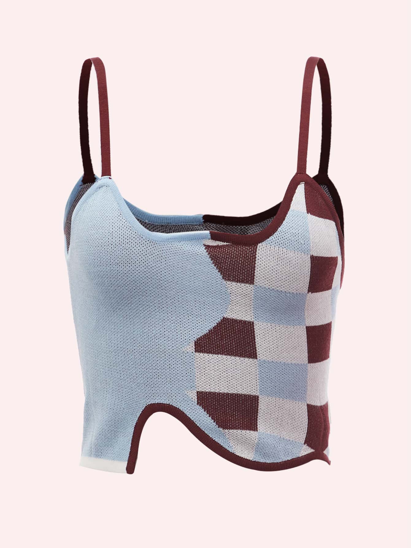 SHEIN MOD Plaid Asymmetrical Contrast Binding Crop Knit Top - Multicolor - View 1