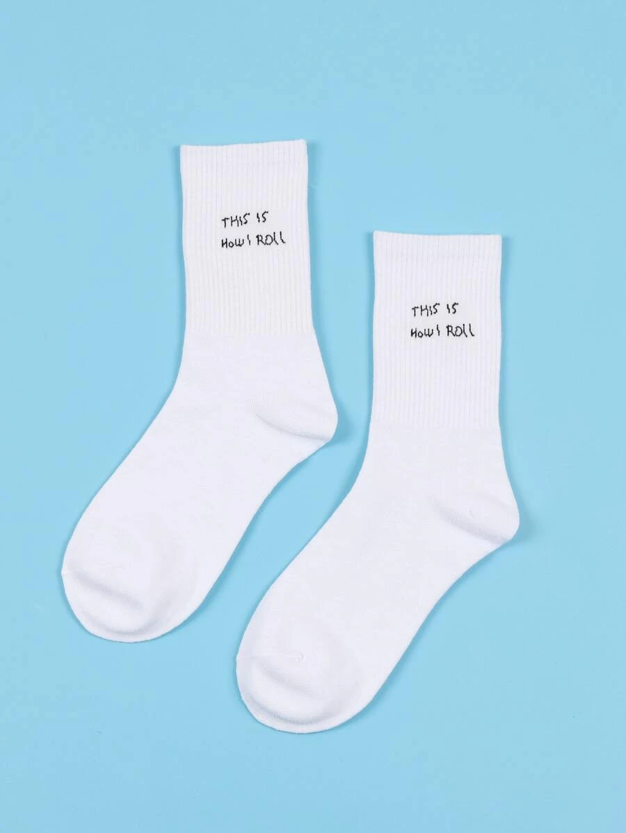 Men Slogan Graphic Crew Socks - White - View 1