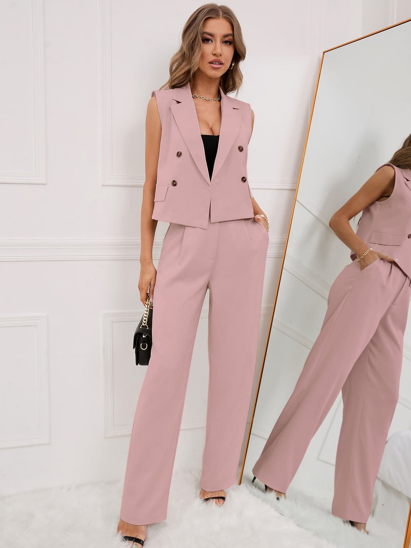 SHEIN Privé de doble botonadura Chaleco blazer con Pantalones de traje - Rosa vieja - Ver 1