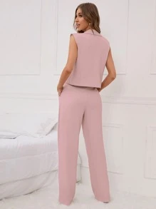 SHEIN Privé de doble botonadura Chaleco blazer con Pantalones de traje - Rosa vieja - Ver 2