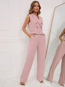 SHEIN Privé de doble botonadura Chaleco blazer con Pantalones de traje - Rosa vieja - Ver 3