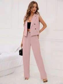 SHEIN Privé de doble botonadura Chaleco blazer con Pantalones de traje - Rosa vieja - Ver 5