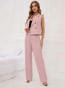 SHEIN Privé de doble botonadura Chaleco blazer con Pantalones de traje - Rosa vieja - Ver 6