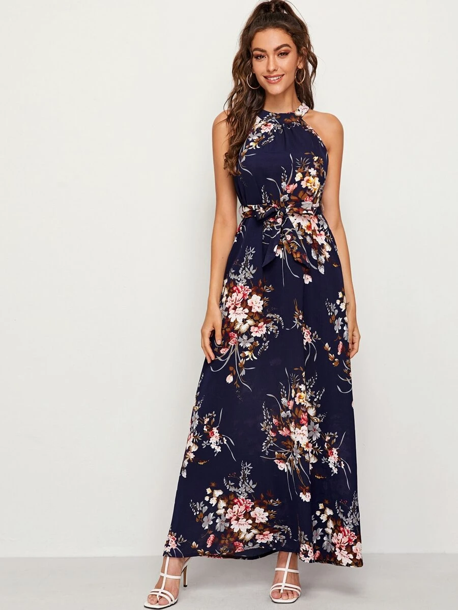 Floral Print Tie Back Belted Dress - Navy Blue - View 1
