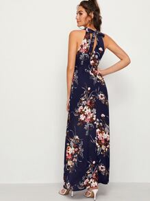Floral Print Tie Back Belted Dress - Navy Blue - View 2