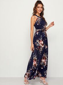 Floral Print Tie Back Belted Dress - Navy Blue - View 3