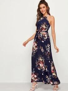 Floral Print Tie Back Belted Dress - Navy Blue - View 4