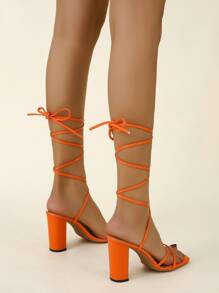 Women Tie Leg Design Chunky Heeled Strappy Sandals, Funky Summer Heeled Sandals - Orange - View 2