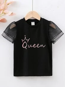 SHEIN Tops con gái lớn Tương phản Mesh Lá thư Giải trí - màu đen - Xem 1