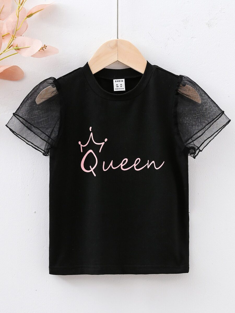 SHEIN Tops con gái lớn Tương phản Mesh Lá thư Giải trí - màu đen - Xem 1