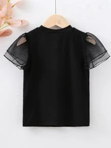 SHEIN Tops con gái lớn Tương phản Mesh Lá thư Giải trí - màu đen - Xem 2
