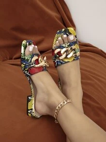 Funky Outdoors Flat Slippers For Women, Chain Decor Snakeskin Embossed Artificial Leather Open Toe Slide Sandals