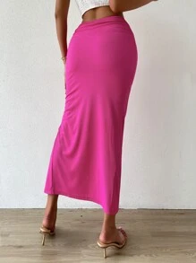 Chiquease Váy nữ xoắn lại Tách cao màu trơn Gợi cảm - Màu Hồng Tươi - Xem 2