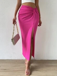 Chiquease Váy nữ xoắn lại Tách cao màu trơn Gợi cảm - Màu Hồng Tươi - Xem 3